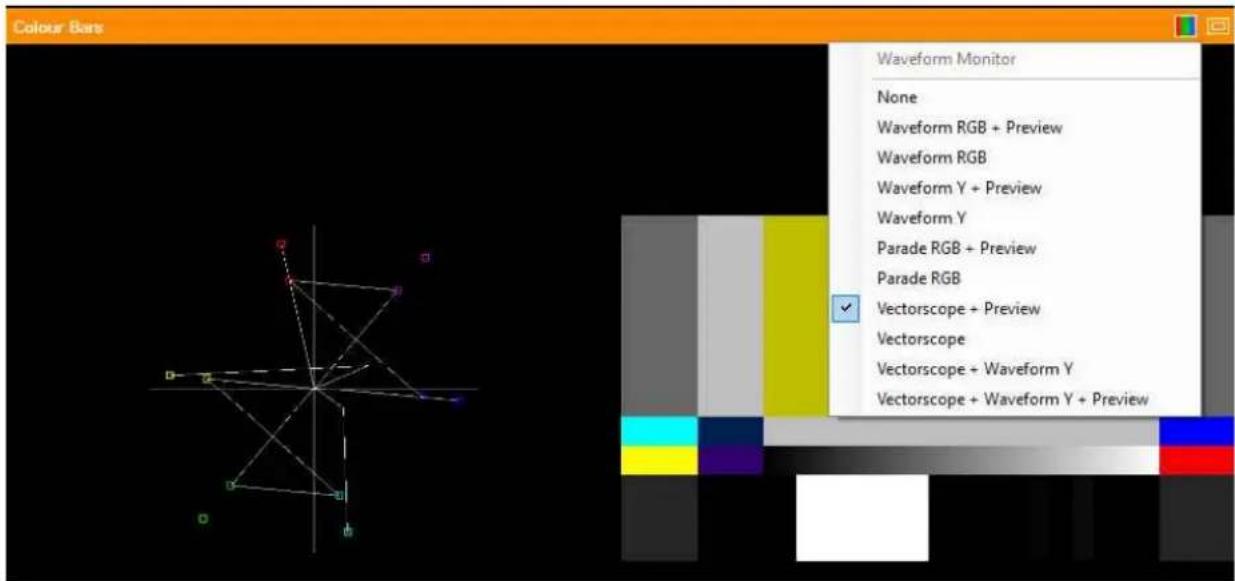 Colour Bars Waveform Monitor None Waveform RGB + Preview Waveform RGB Waveform Y + Preview Waveform Y Parade RGB + Preview Parade RGB Vectorscope + Preview Vectorscope Vectorscope + Waveform Y Vectorscope + Waveform Y + Preview