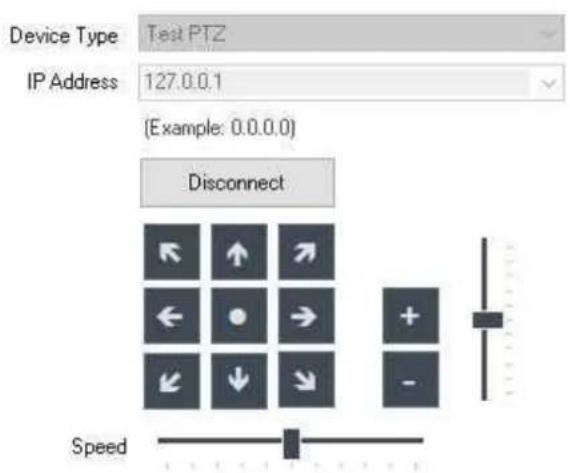 Device Type Test PTZ IP Address 127.0.0.1 (Example: 0.0.0.0) Disconnect Speed