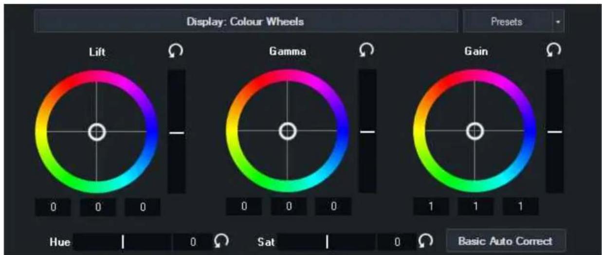 Display: Colour Wheels Presets Lift Gamma Gain Hue | 0 Sat | 0 Basic Auto Correct