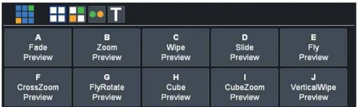 A Fade Preview B Zoom Preview C Wipe Preview D Slide Preview E Fly Preview F CrossZoom Preview G FlyRotate Preview H Cube Preview I CubeZoom Preview J VerticalWipe Preview