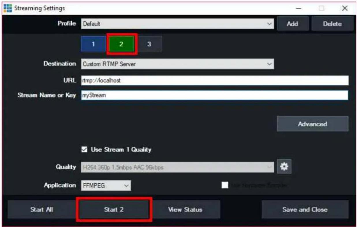 Streaming Settings Profile Default Add Delete 1 2 3 Destination Custom RTMP Server URL rtmp://localhost Stream Name or Key myStream Advanced Use Stream 1 Quality Quality H264 360p 1.5mbps AAC 96kbps Application FFMPEG Start All Start 2 View Status Save and Close