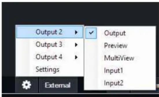 Output 2 Output 3 Output 4 Settings External ✓ Output Preview MultiView Input1 Input2