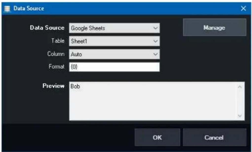 Data Source Data Source Google Sheets Table Sheet1 Column Auto Format {0} Preview Bob Manage OK Cancel