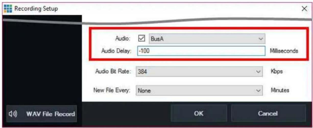 Recording Setup Audio: ✓ BusA ✓ Audio Delay: -100 Milliseconds Audio Bit Rate: 384 Kbps New File Every: None Minutes WAV File Record OK Cancel