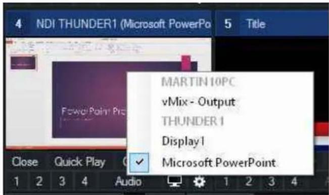 4 NDI THUNDER1 (Microsoft PowerPo 5 Title MARTIN10PC vMix - Output THUNDER 1 Display1 ✓ Microsoft PowerPoint Close Quick Play Audio 1 2 3 4