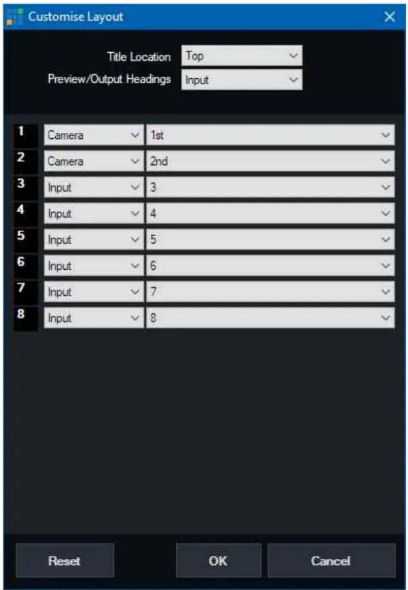 Customise Layout Title Location Top Preview/Output Headings Input 1 Camera 1st 2 Camera 2nd 3 Input 3 4 Input 4 5 Input 5 6 Input 6 7 Input 7 8 Input 8 Reset OK Cancel