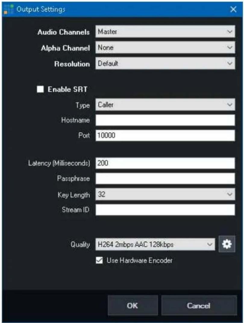 Output Settings Audio Channels Master Alpha Channel None Resolution Default Enable SRT Type Caller Hostname Port 10000 Latency (Milliseconds) 200 Passphrase Key Length 32 Stream ID Quality H264 2mbps AAC 128kbps Use Hardware Encoder OK Cancel