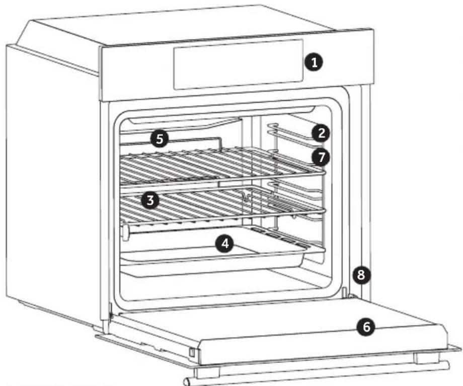 Technical diagram of an oven with numbered components for identification.