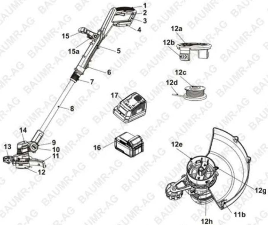 Technical diagram of a mechanical device with numbered components and exploded views, labeled with part numbers and assembly details.