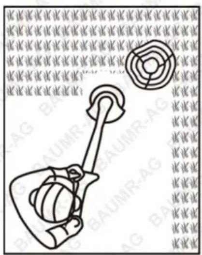 Diagram of a human hand holding a device with a circular inset showing a circular object, alongside a grid of repeated 'AG BAUMR-AG' text in the background.
