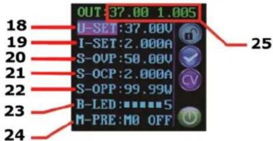 OUT: 37.00 1.005 18 U-SET: 37.00V 19 I-SET: 2.000A 20 S-OVP: 50.00V 21 S-OCP: 2.000A 22 S-OPP: 99.99W 23 B-LED: ■■■■■S 24 M-PRE: M0 OFF