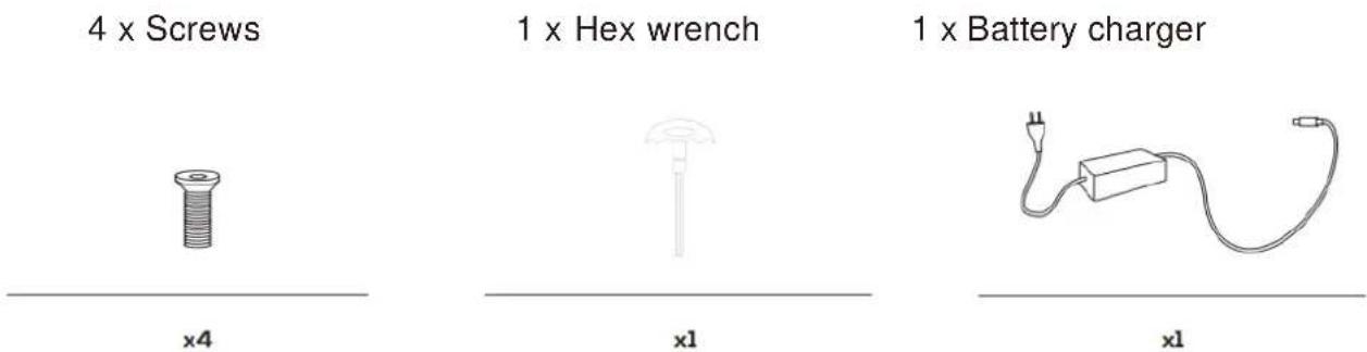 4 x Screws 1 x Hex wrench 1 x Battery charger x4 x1 x1