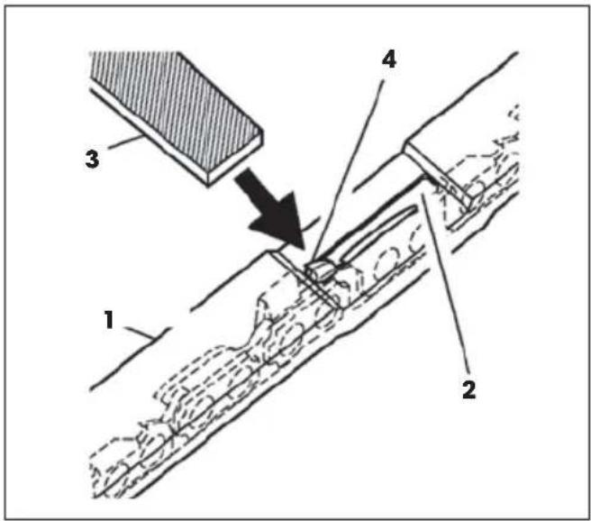 Technical diagram showing a mechanical assembly with labeled parts 1, 2, 3, and 4, including an arrow indicating direction.