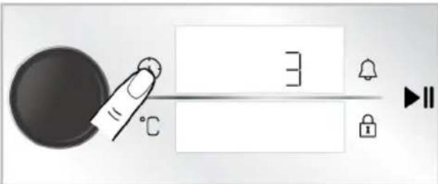 Diagram showing a hand pressing a button with temperature and control buttons including bell, lock, and play button