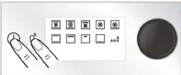 Diagram showing finger pressing a button with icons and a circular device, likely illustrating a process or control interface.