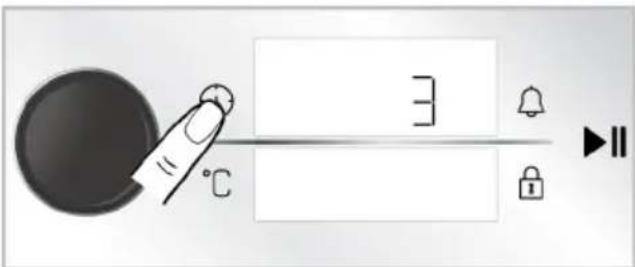 Diagram showing a finger pressing a button with temperature and lock icons, likely illustrating a thermal or digital interface control.