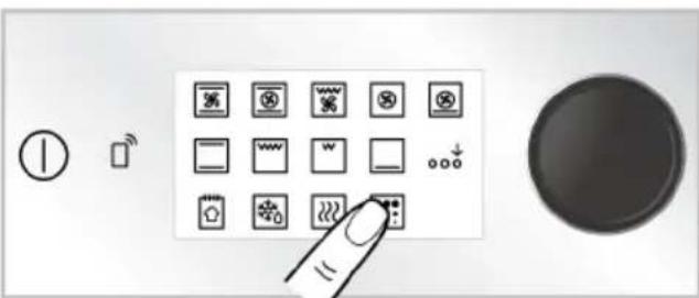 Diagram showing a control panel with icons for battery, sensor, and function buttons, alongside a circular device.