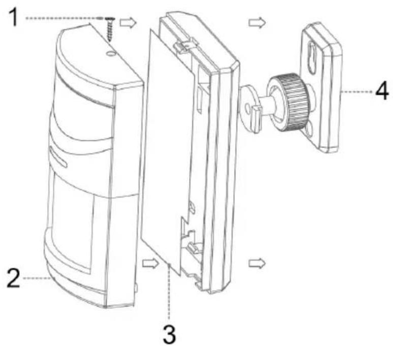 Technical diagram of a device with numbered parts and directional arrows indicating assembly or movement