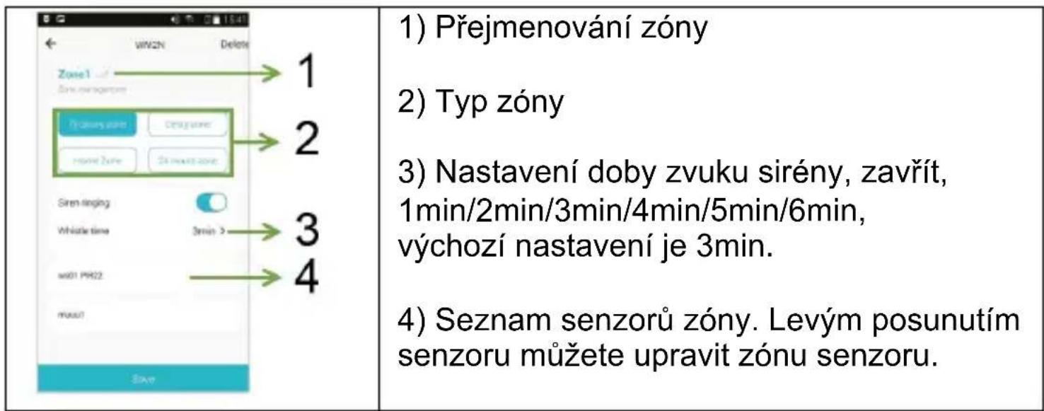1) Přejmenování zóny 2) Typ zóny 3) Nastavení doby zvuku sirény, zavřít, 1min/2min/3min/4min/5min/6min, výchozí nastavení je 3min. 4) Seznam senzorů zóny. Levým posunutím senzoru můžete upravit zónu senzoru.