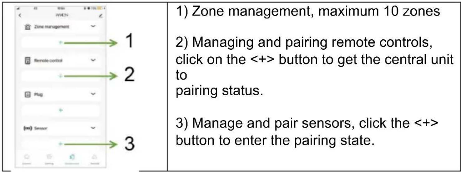 1) Zone management, maximum 10 zones 2) Managing and pairing remote controls, click on the <+> button to get the central unit to pairing status. 3) Manage and pair sensors, click the <+> button to enter the pairing state.