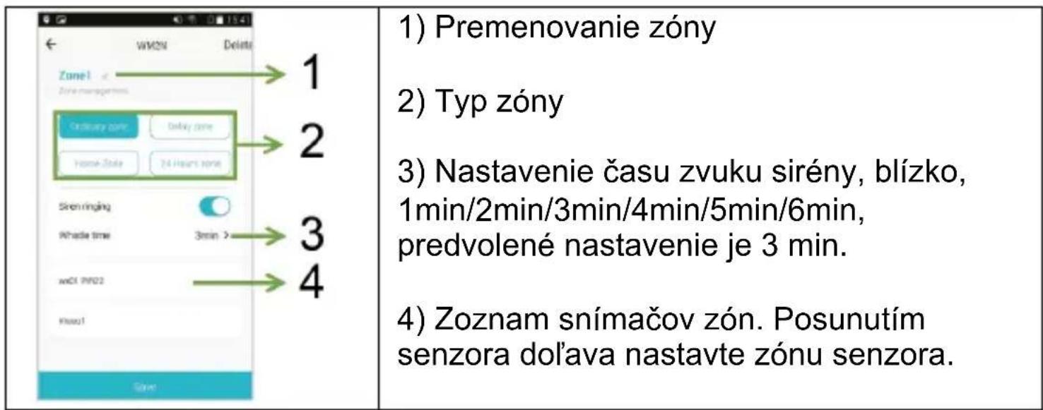1) Premenovanie zóny 2) Typ zóny 3) Nastavenie času zvuku sirény, blízko, 1min/2min/3min/4min/5min/6min, predvolené nastavenie je 3 min. 4) Zoznam snímačov zón. Posunutím senzora dol'ava nastavte zónu senzora.