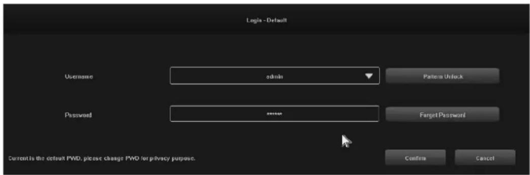 Login - Default Username admin Password sensee Pattern Unlock Target Password Confirm Cancel Current is the default PWD, please change PWD for privacy purpose.