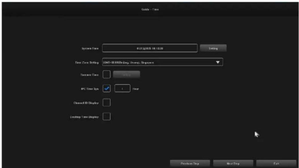 Guide - Time System Time 01/12/020 18:18:20 Setting Time Zone Setting IGMT/IEB/Beijing, Uniqing, Singapore Server Time BPC Time Sys 1 Hour Channel ID Display Desktop Time Display Preview Help Next Stop Exit