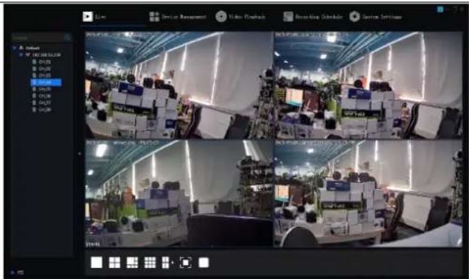 Screenshot of a video recording system interface showing four sequential frames of a workspace with multiple screens and equipment, including UI elements like 'Video Management' and 'System Settings'.