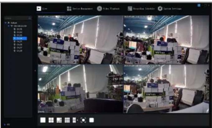 Screenshot of a video recording system interface showing four sequential video frames with taskstations and control panels.