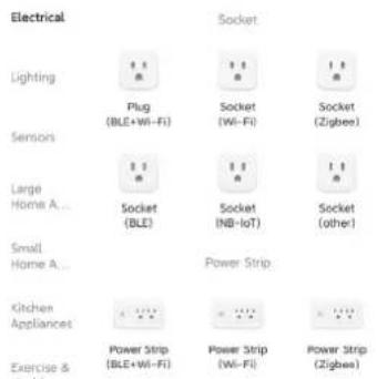 Electrical Lighting Plug (BLE+Wi-Fi) Socket (Wi-Fi) Socket (Zigbee) Sensors Large Home A... Socket (BLE) Socket (NB-IoT) Socket (other) Small Home A... Power Strip Kitchen Appliances Power Strip (BLE+Wi-Fi) Power Strip (Wi-Fi) Power Strip (Zigbee) Exercise & Socket