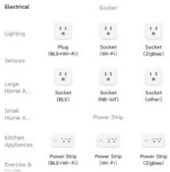 Electrical Lighting Plug (BLE+Wi-Fi) Sensors Large Home A... Socket (BLE) Socket (NB-IoT) Socket (other) Small Home A... Power Strip Kitchen Appliances Power Strip (BLE+Wi-Fi) Power Strip (Wi-Fi) Power Strip (Zigbee)