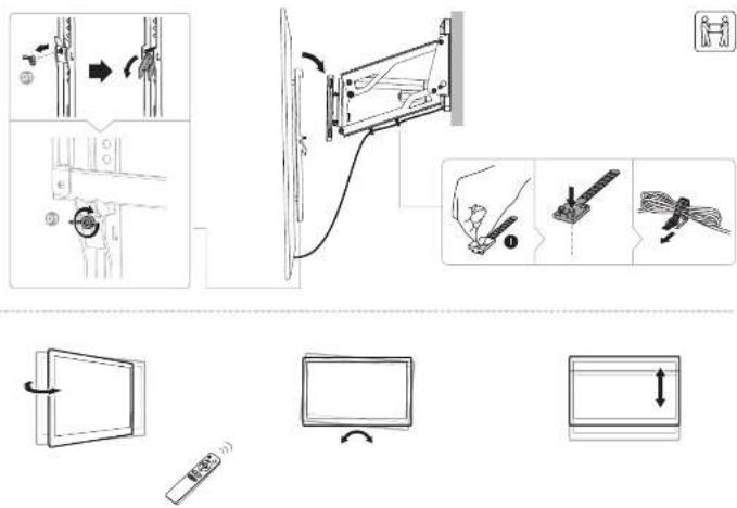Diagram illustrating cable assembly and TV screen control steps with labeled instructions and icons