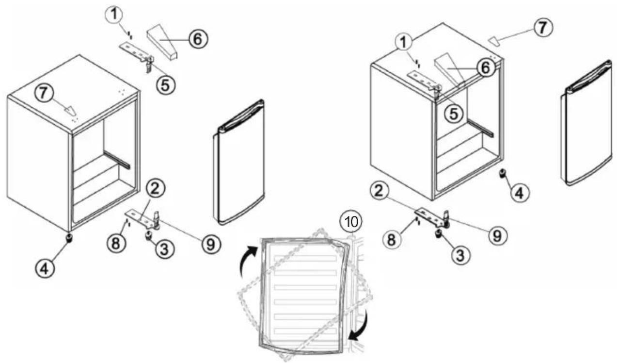 Exploded view diagram of a refrigerator with numbered parts and assembly instructions