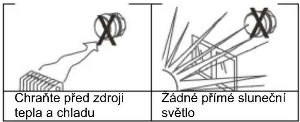 Chraňte před zdroji tepla a chladu Žádné přímé sluneční světlo