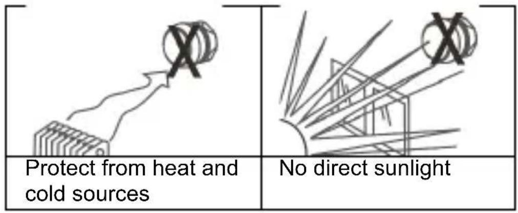 Protect from heat and cold sources No direct sunlight