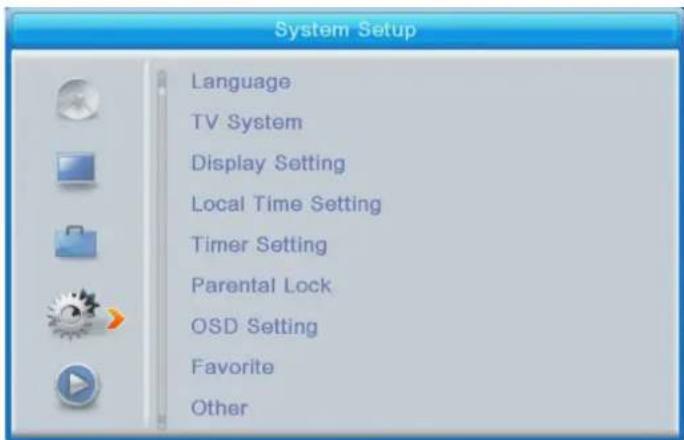 System Setup Language TV System Display Setting Local Time Setting Timer Setting Parental Lock OSD Setting Favorite Other