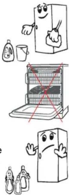 Illustration showing food safety concerns: a refrigerator with a smiling face, a washing machine with a red cross mark, and a sad refrigerator with a frowning face.