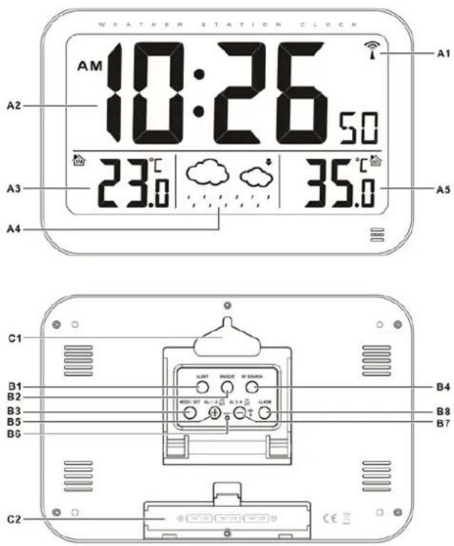 WEATHER STATION CLOCK AM 10:26 50 A1 A2 A3 A4 23.0 35.0 C1 B1 B2 B3 B5 B6 C2 LIGHT REDUCT REDUCT MODE BIT AL-1 B AL-2 B LAM B4 B8 B7 CE