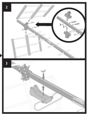 Technical diagram showing assembly steps of an antenna or optical array with labeled components and a magnified inset view.