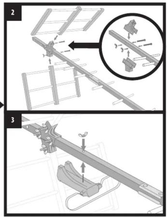 Technical diagram showing assembly steps of a mechanical device with labeled components and an inset magnified view.