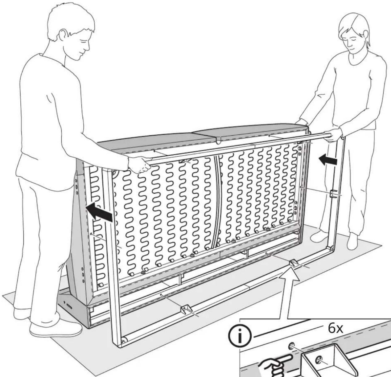Technical diagram showing two workers assembling a coiled heating element with directional arrows and a 6x ratio label