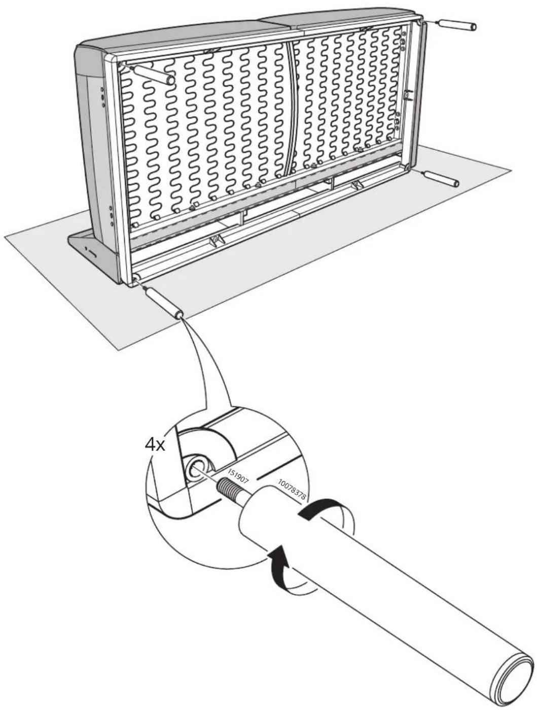 Technical diagram of a heat exchanger with labeled components and a magnified view showing internal structure and rotation direction.
