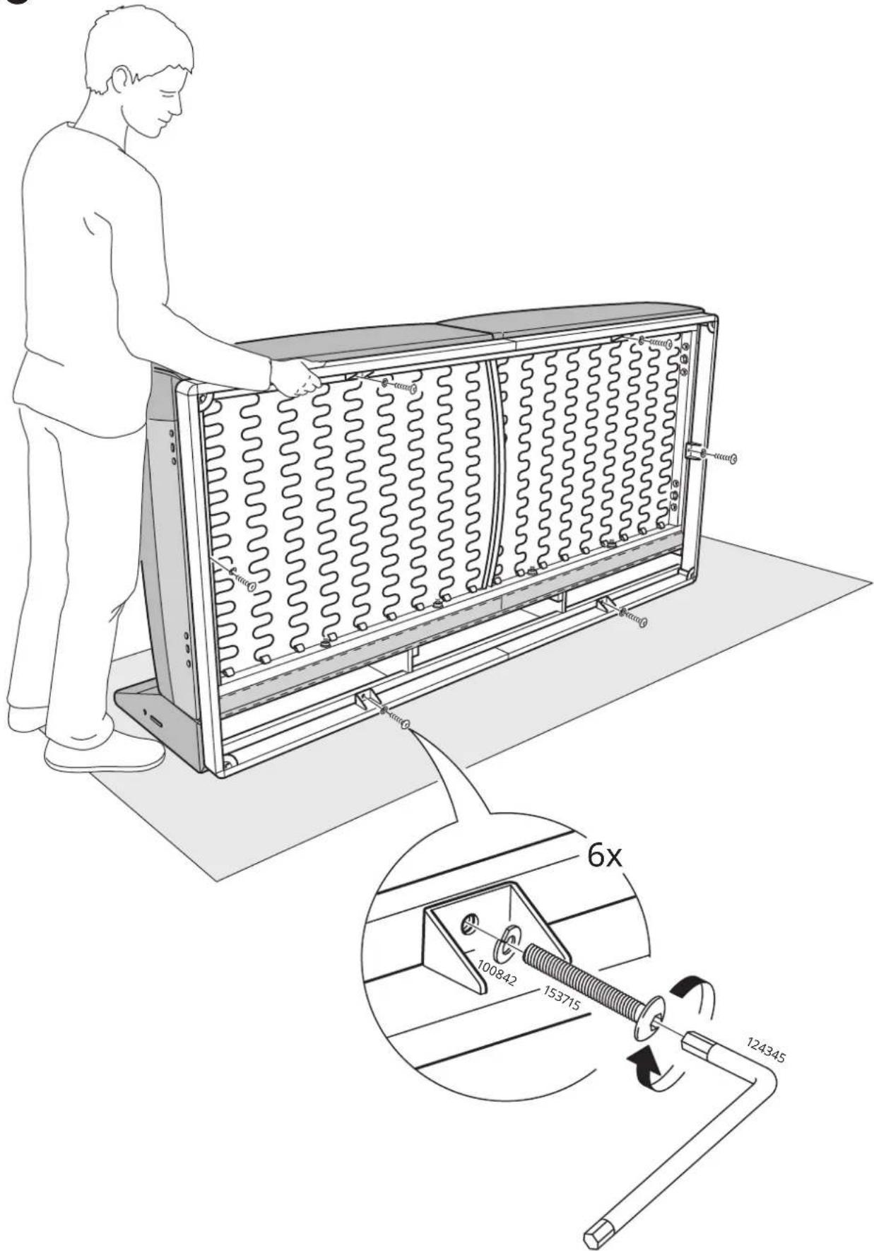 Technical diagram showing a person assembling a rack-mounted device with labeled parts and a magnified inset highlighting a 6x speed adjustment mechanism.