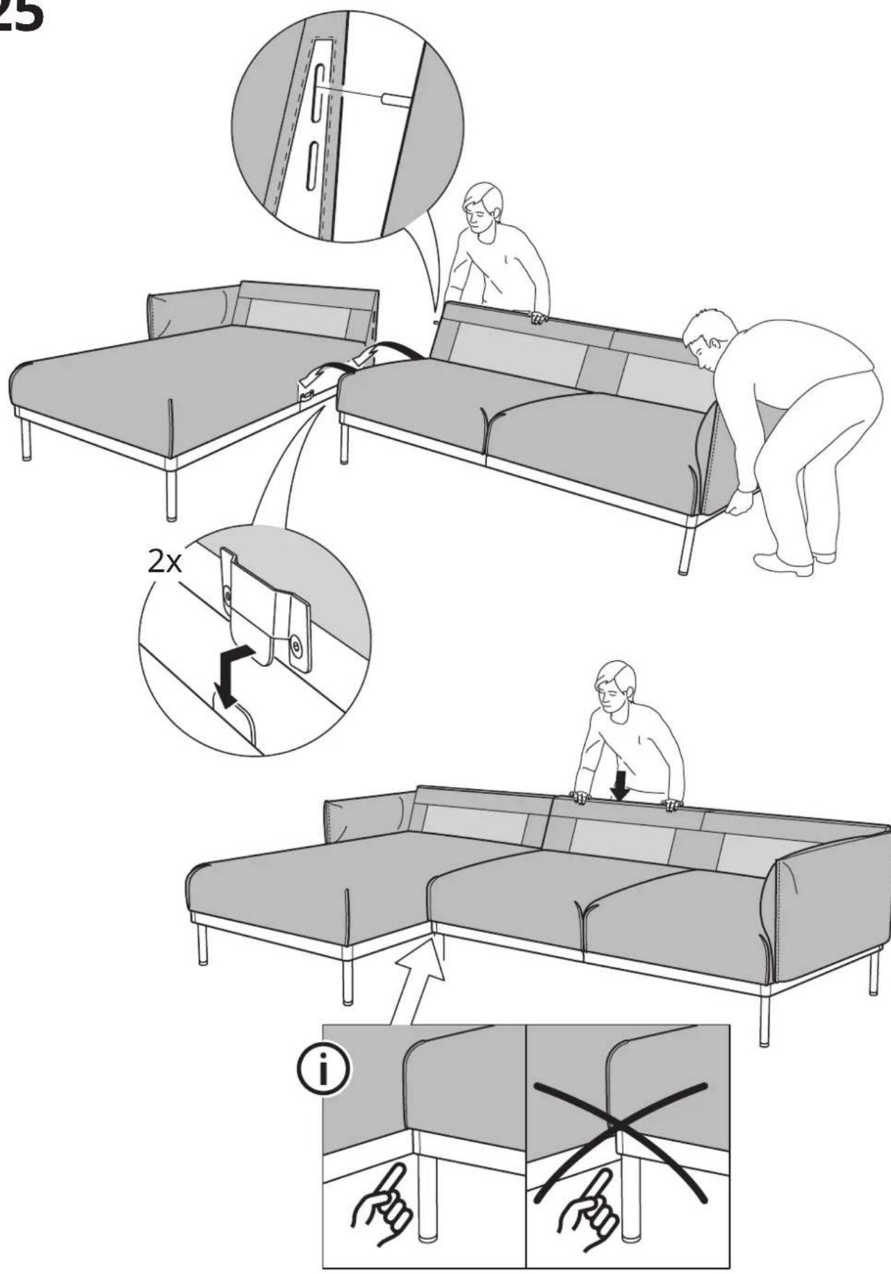 Illustration showing a person installing or adjusting a back panel on a two-panel sofa, with magnified details and instructional labels.