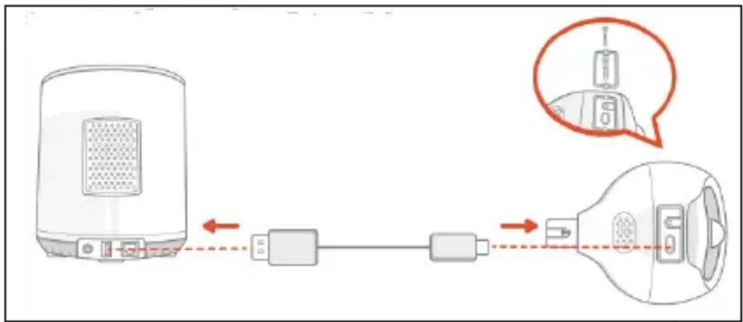 Diagram showing a device connected to a speaker, with an inset image of a device being inserted into the speaker.