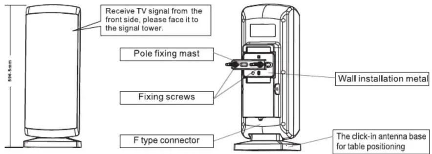 Receive TV signal from the front side, please face it to the signal tower. Pole fixing mast Fixing screws F type connector Wall installation metal The click-in antenna base for table positioning