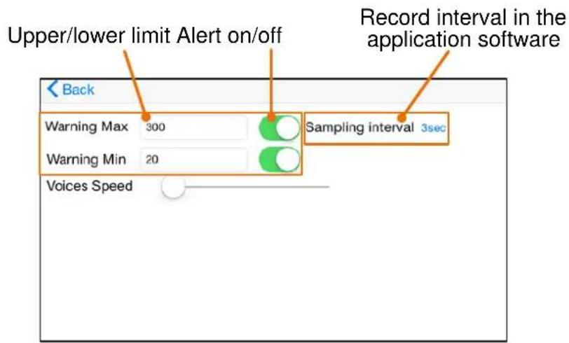 Upper/lower limit Alert on/off Record interval in the application software Back Warning Max 300 Warning Min 20 Sampling interval 3sec Voices Speed