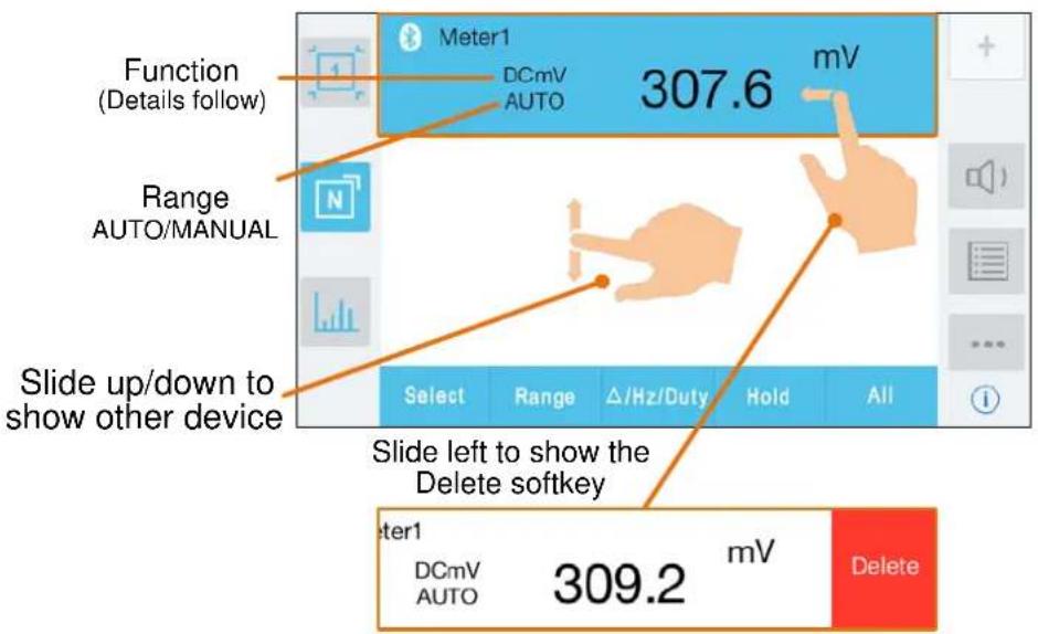 Function (Details follow) Range AUTO/MANUAL Slide up/down to show other device Select Range Δ/Hz/Duty Hold All 307.6 mV Slide left to show the Delete softkey Meter1 DCmV AUTO 309.2 mV Delete