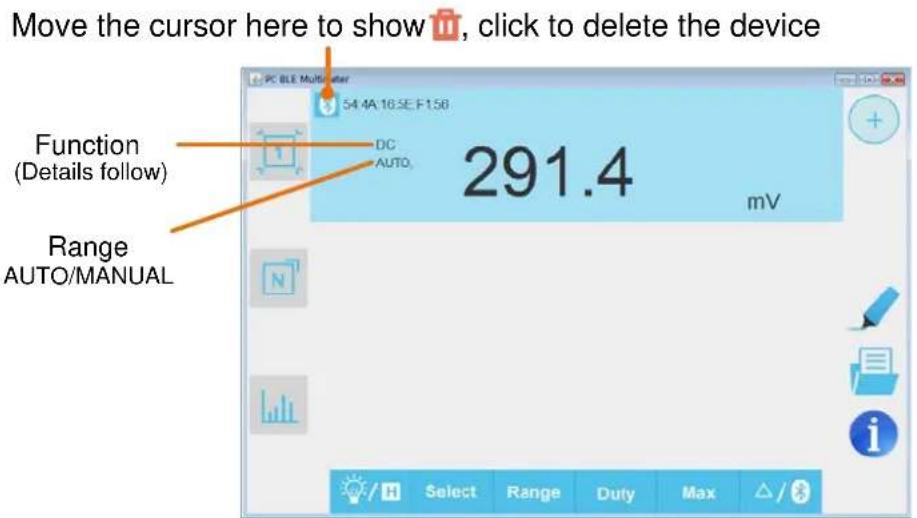 Move the cursor here to show 📋, click to delete the device PC BLE Multiplier 54.4A.16.SE F156 DC AUTO. 291.4 mV Function (Details follow) Range AUTO/MANUAL Select Range Duty Max / 浏