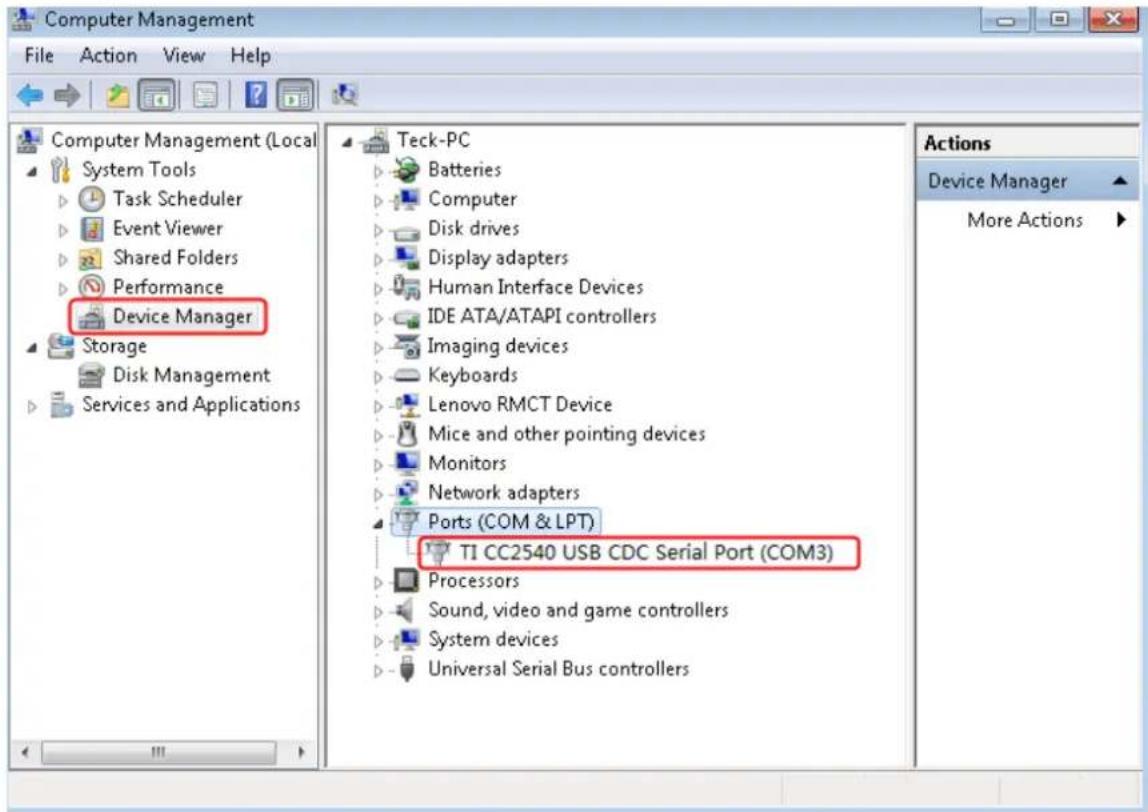 Computer Management File Action View Help Computer Management (Local System Tools Task Scheduler Event Viewer Shared Folders Performance Device Manager Storage Disk Management Services and Applications Teck-PC Batteries Computer Disk drives Display adapters Human Interface Devices IDE ATA/ATAPI controllers Imaging devices Keyboards Lenovo RMCT Device Mice and other pointing devices Monitors Network adapters Ports (COM & LPT) TI CC2540 USB CDC Serial Port (COM3) Processors Sound, video and game controllers System devices Universal Serial Bus controllers Actions Device Manager More Actions